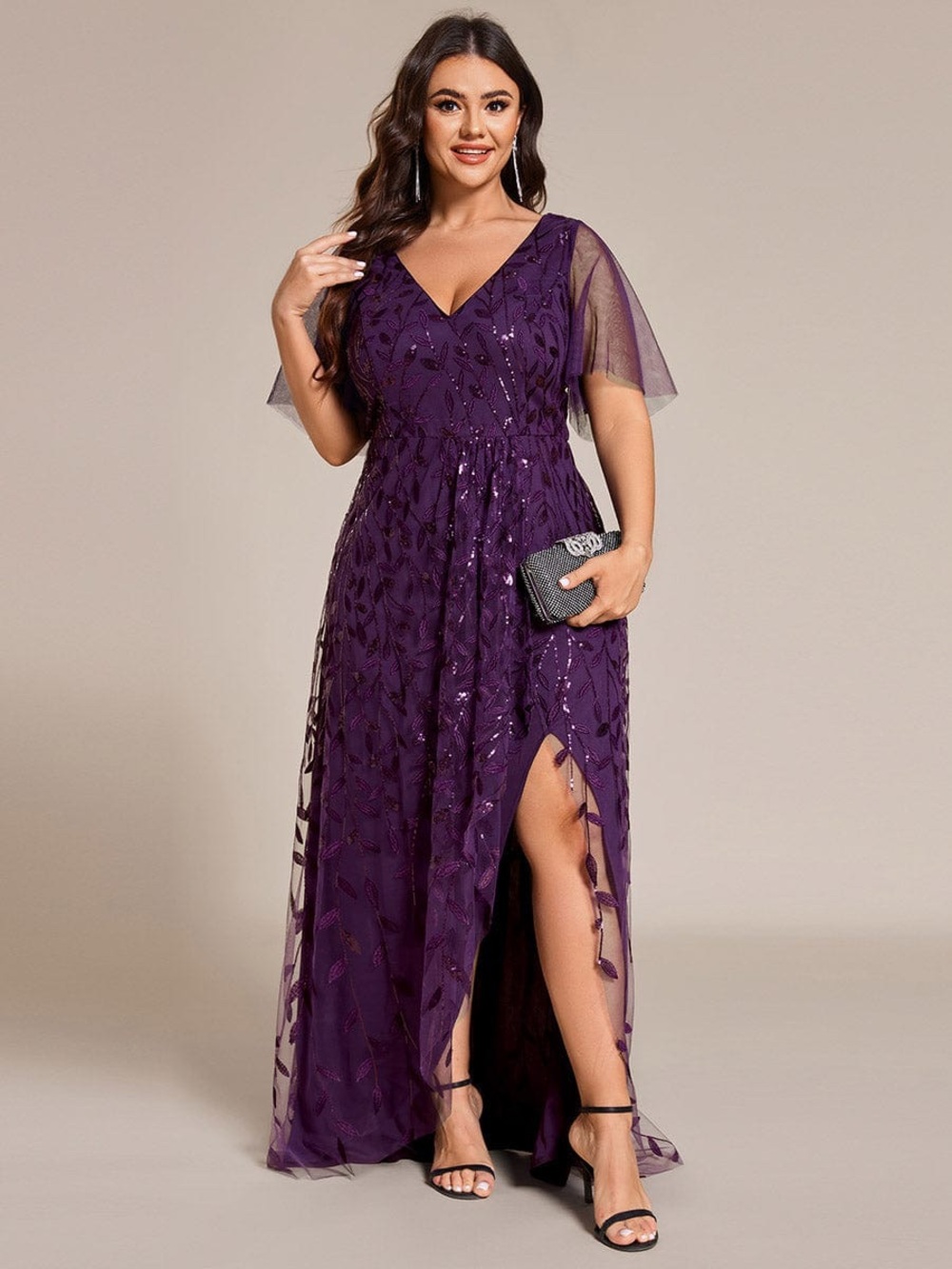 Ever Pretty Purple V-Neck Sequin Maxi Dress